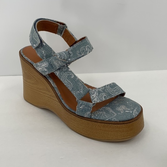 Lucky Brand Demmia wedge platform wood sandal shoe strappy printed denim new 8 - Picture 2 of 7